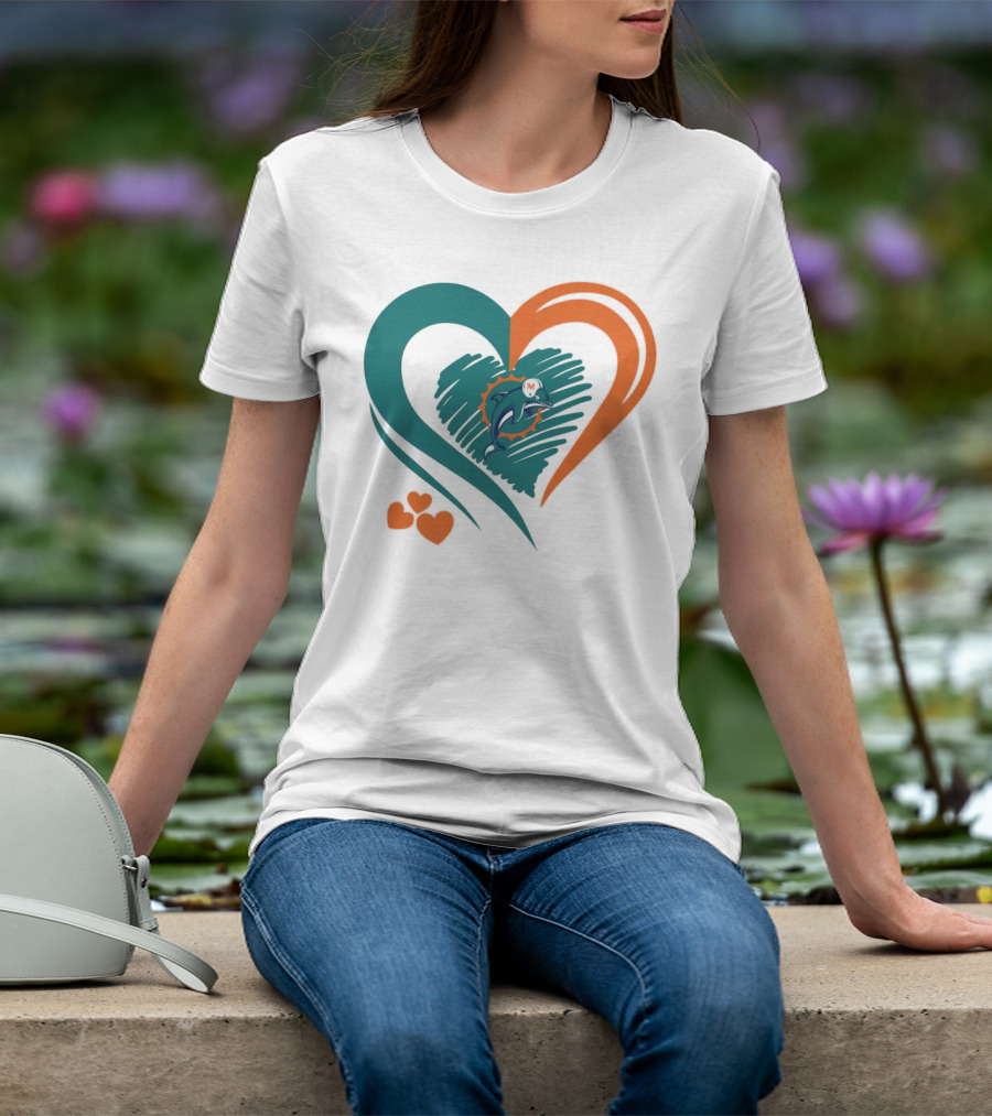 Miami Dolphins Heart Shape Emblem With Three Small Hearts T-Shirt