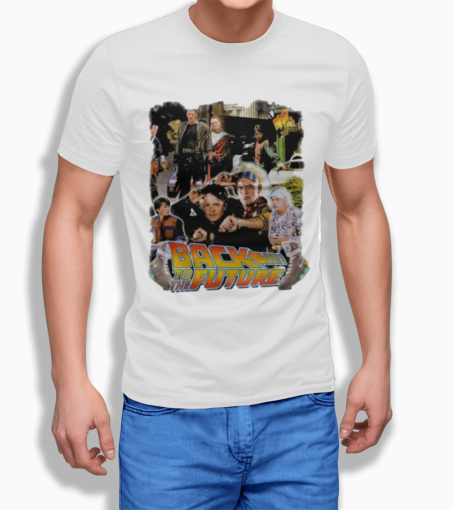 Back to the Future Movie Collage Iconic Characters and Scenes T-Shirt