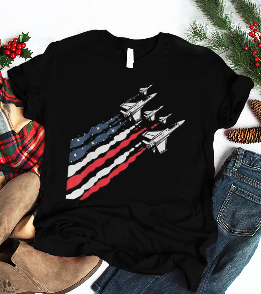 Vintage Patriotic Fighter Jet Airplane With American Flag Trail T-Shirt