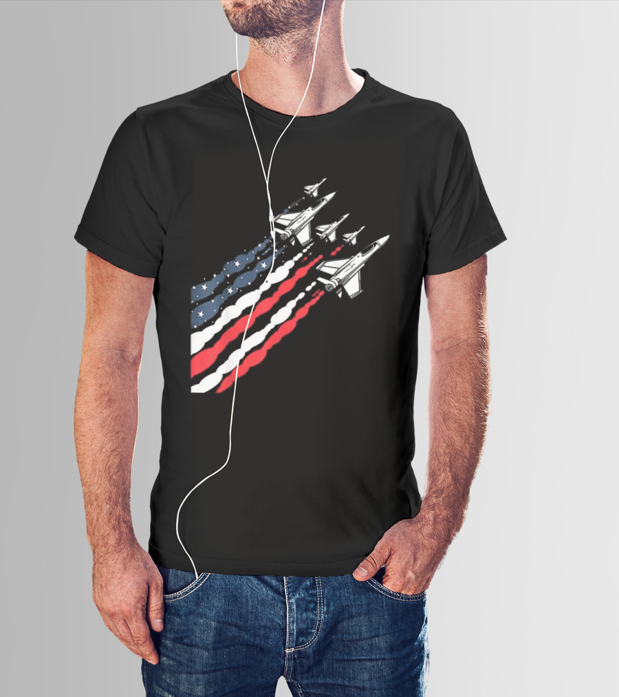 Vintage Patriotic Fighter Jet Airplane With American Flag Trail T-Shirt