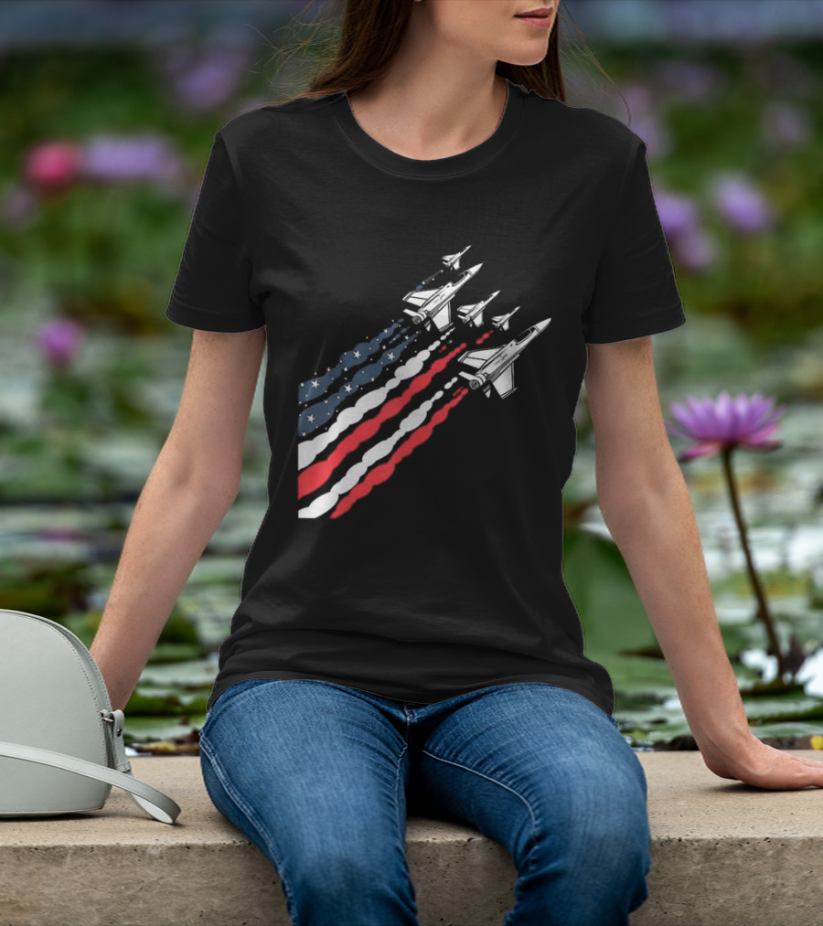 Vintage Patriotic Fighter Jet Airplane With American Flag Trail T-Shirt