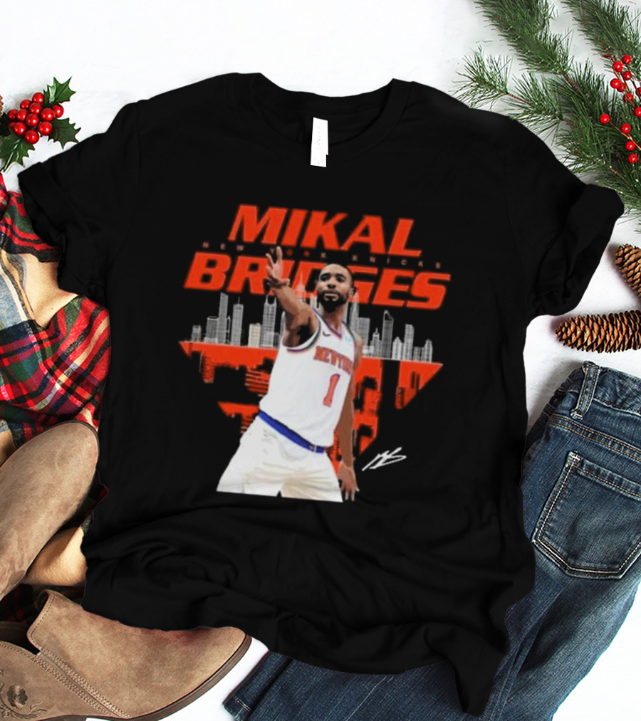 Mikal Bridges New York Knicks Skyline Signature Number 1 T-Shirt