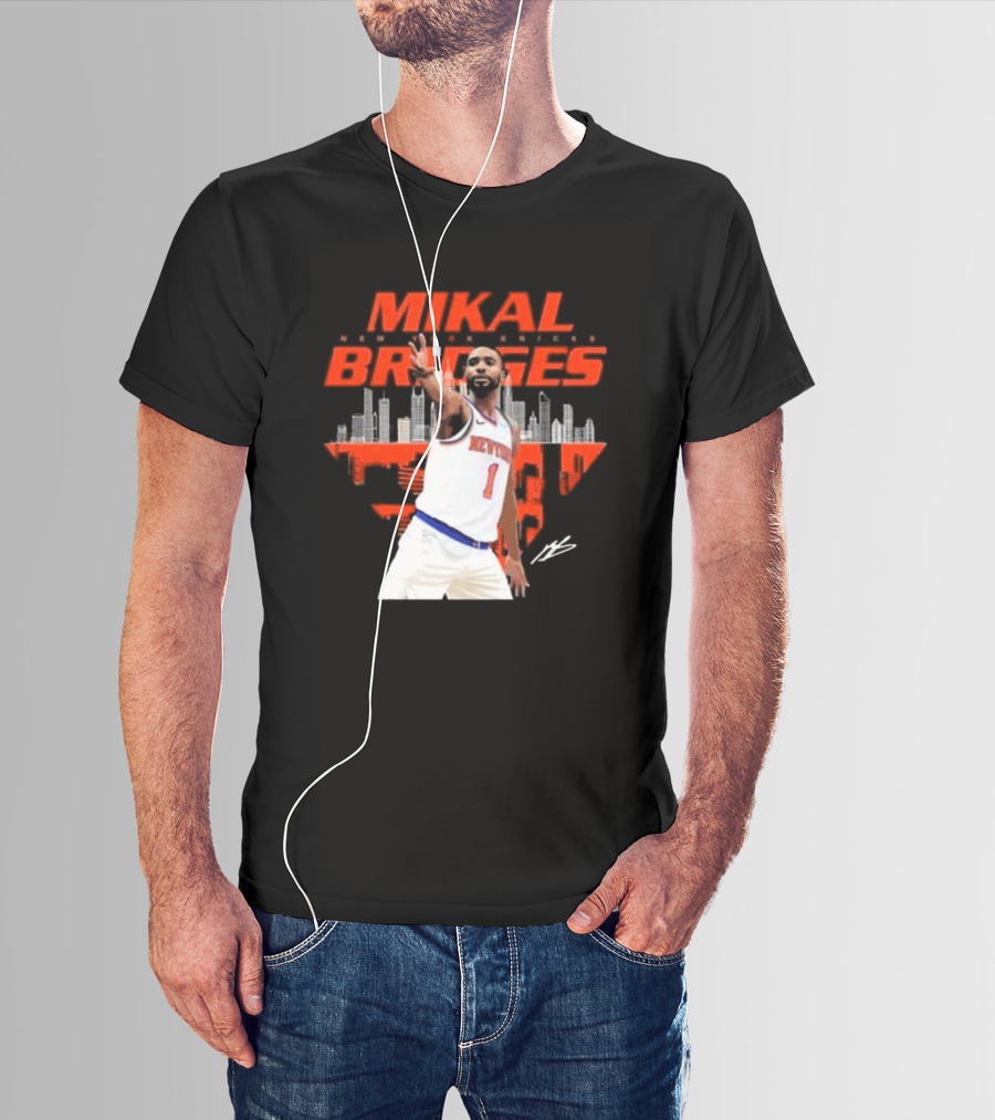 Mikal Bridges New York Knicks Skyline Signature Number 1 T-Shirt