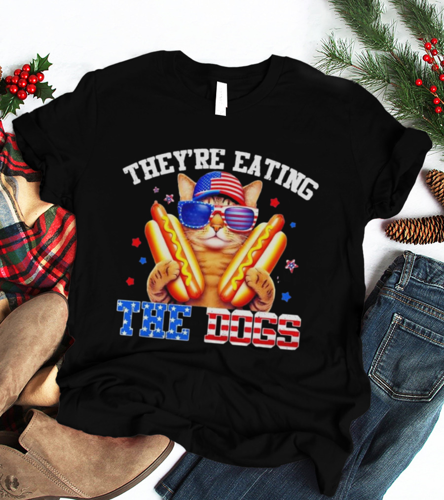 They’re Eating The Dogs Patriotic Cat With Hotdogs And American Flag Sunglasses T-Shirt