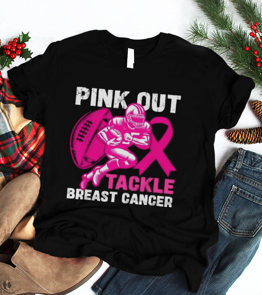 PINK OUT TACKLE BREAST CANCER Football Players Awareness T-Shirt