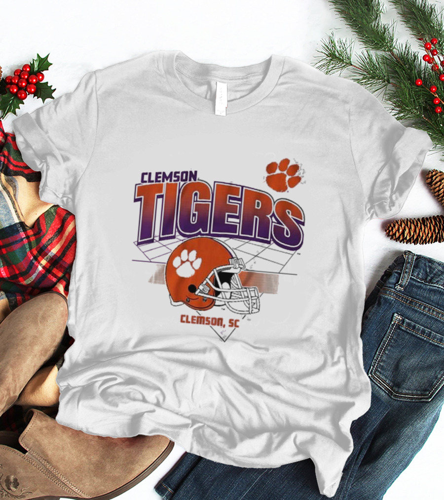 Clemson Tigers Football Helmet Logo Clemson SC Grid Paw Prints T-Shirt