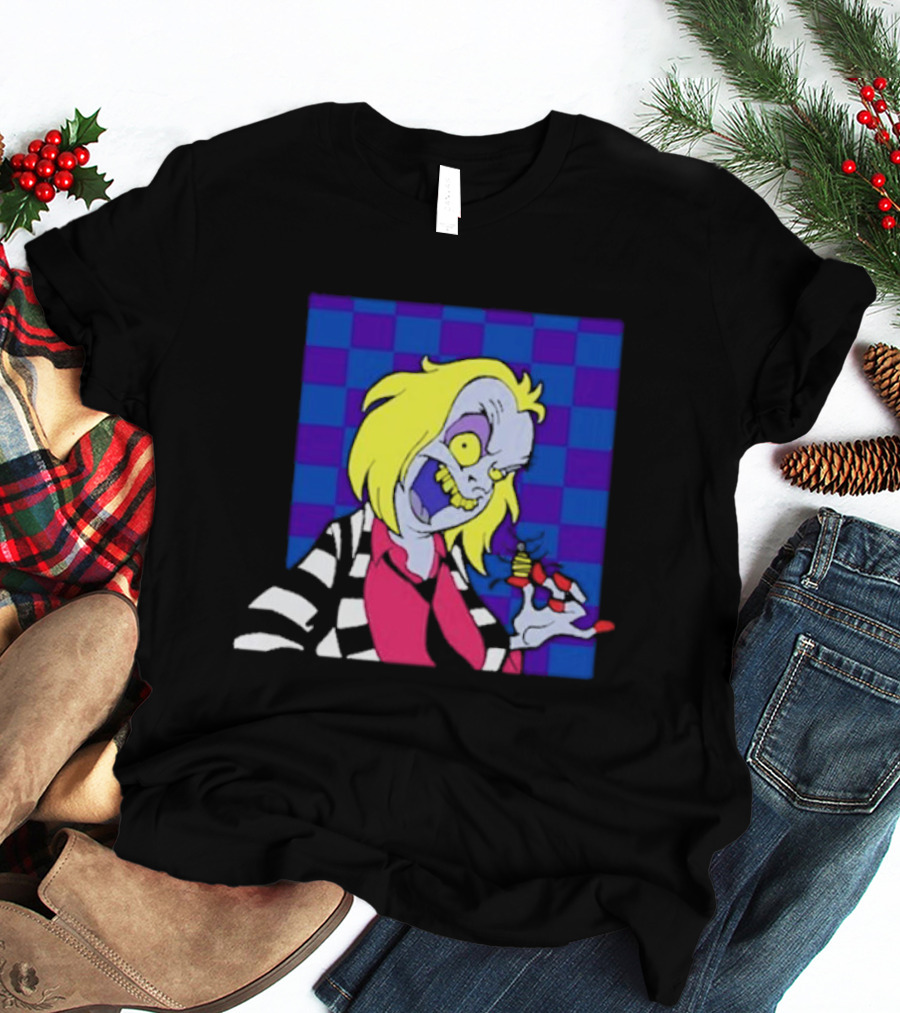 Pan Pizza Beetlejuice Cartoon Checkered Background T-Shirt
