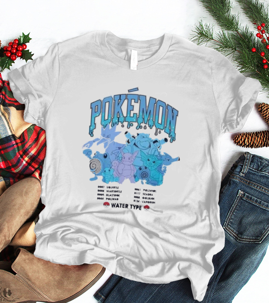 POKEMON Water Type Squirtle Wartortle Blastoise Poliwag Psyduck Golduck Poliwhirl Seadra Vaporeon T-Shirt