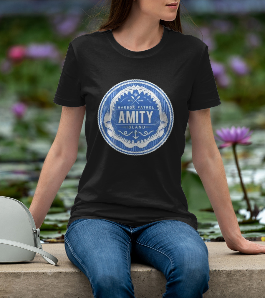 Amity Island Harbor Patrol ESTD 1975 Shark Jaw Anchor Badge T-Shirt