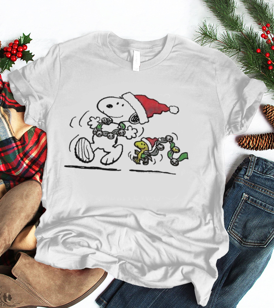 Snoopy And Woodstock Dancing In Santa Hats Christmas T-Shirt