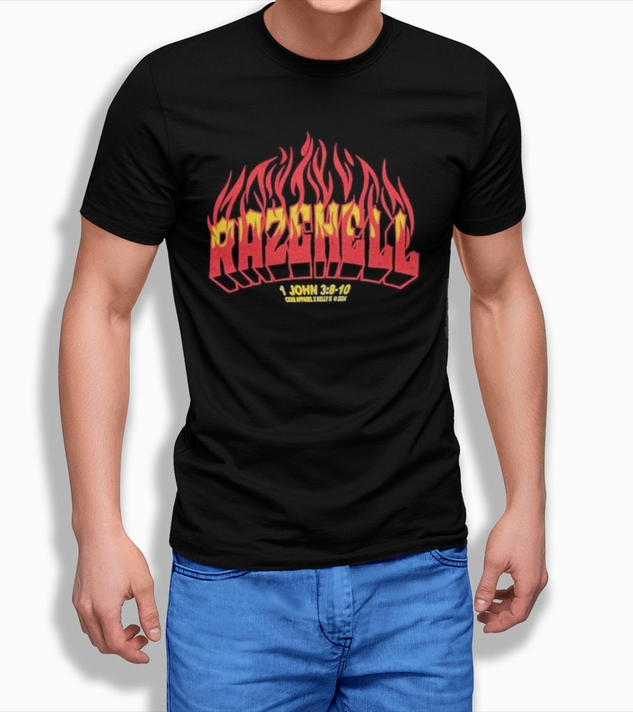 RAZEHELL CXXII x KellyK 1 John 3:8-10 Flame Design Black T-Shirt