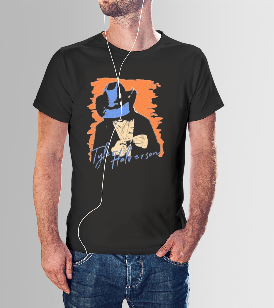 Tyler Halverson Cowboy Hat Blue Bandana Orange Background T-Shirt
