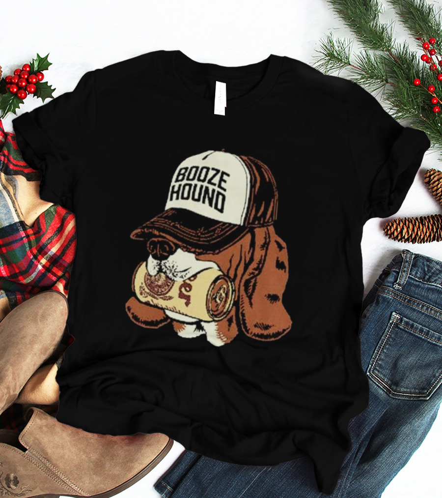 Booze Hound Dog Wearing Cap Holding Beer Can T-Shirt