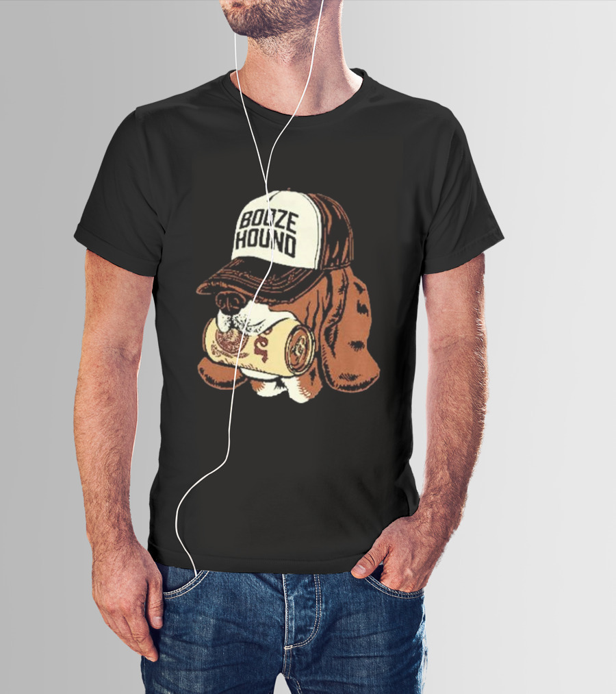 Booze Hound Dog Wearing Cap Holding Beer Can T-Shirt
