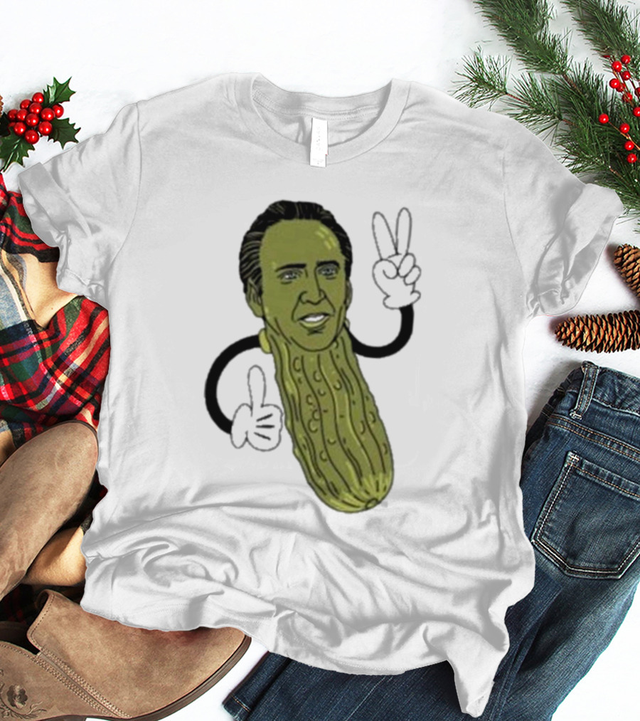 Picolas Cage Nick Cage Pickle Character With Peace Sign Christmas T-Shirt