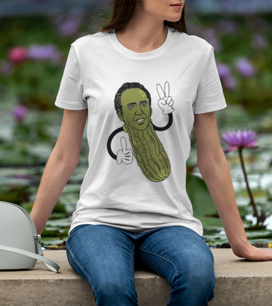 Picolas Cage Nick Cage Pickle Character With Peace Sign Christmas T-Shirt