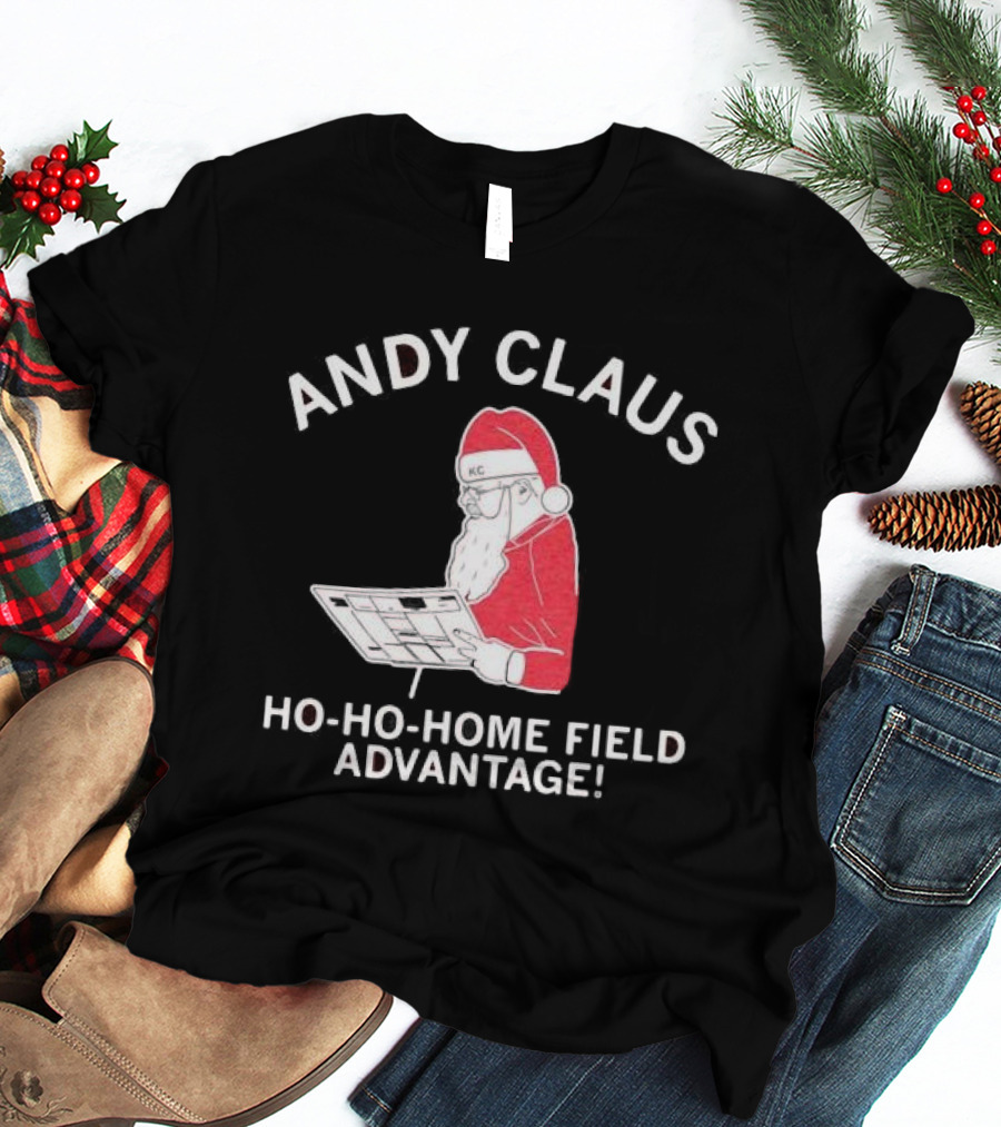 Andy Claus Santa In KC Hat With Playbook Ho Ho Home Field Advantage T-Shirt
