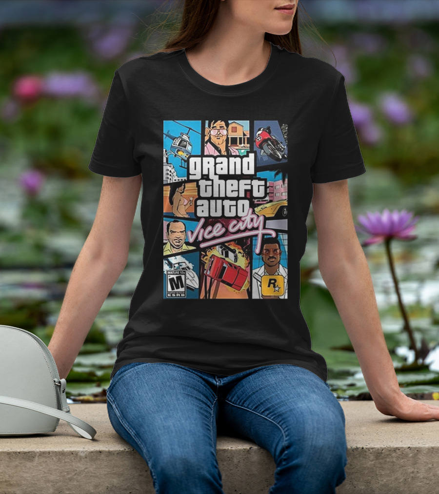Grand Theft Auto Vice City Game Cover Art Helicopter Motorcycle Car Explosion R Star Logo T-Shirt
