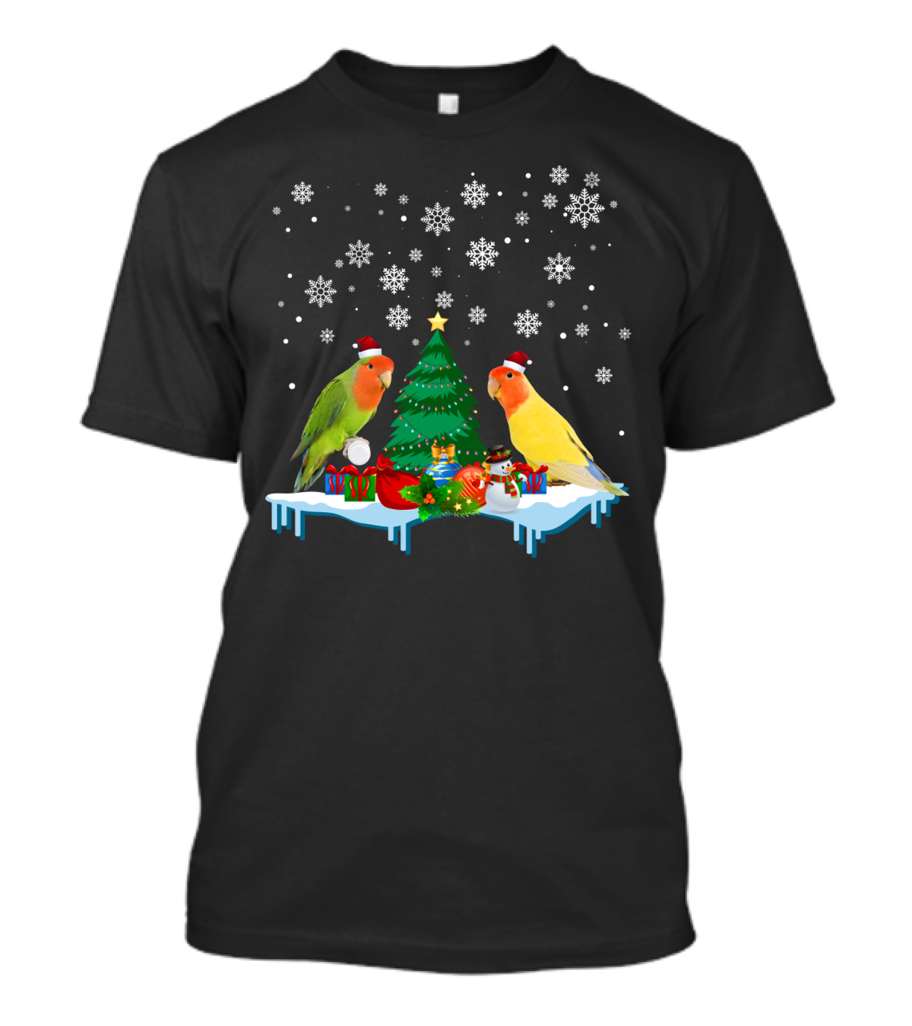 Lovebird Merry Christmas Snowflakes Tree Santa Hats T-Shirt