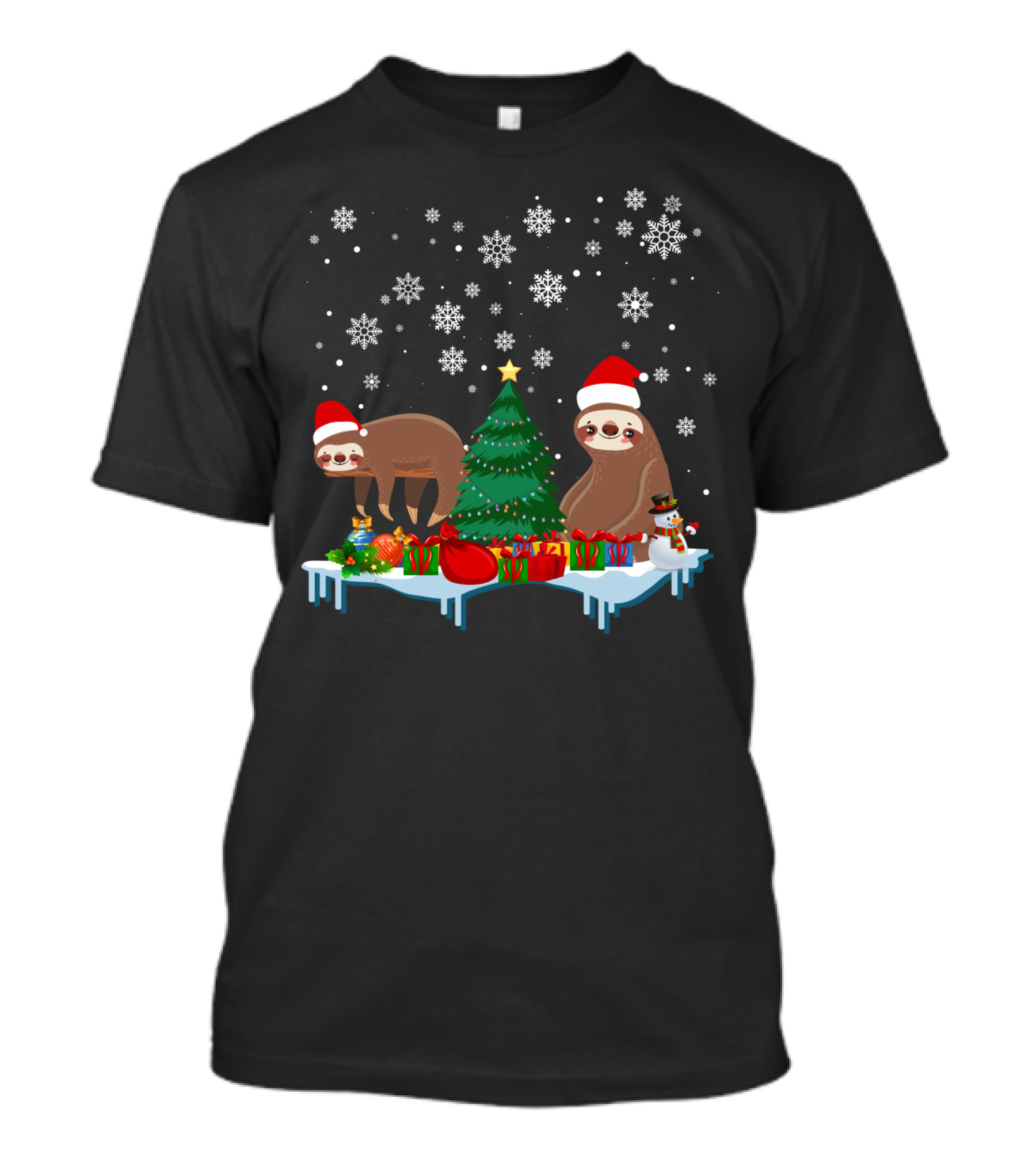 Sloth Merry Christmas Snowflakes Santa Hat Gifts Tree T-Shirt