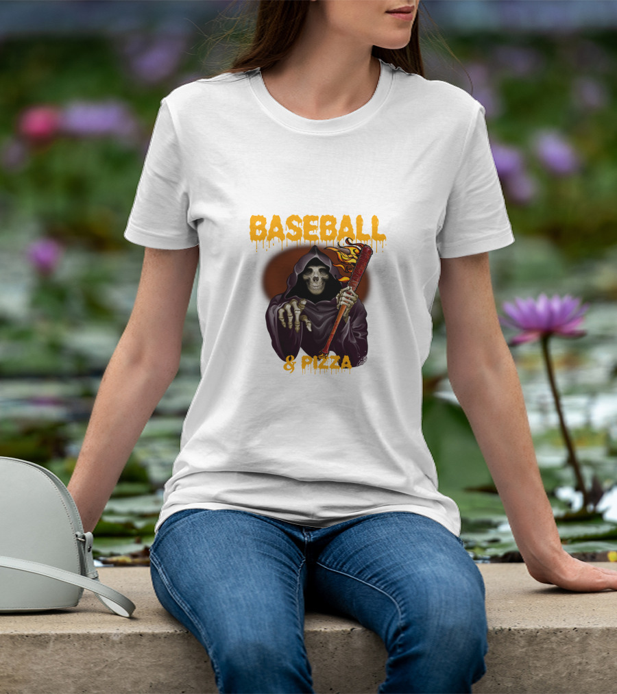 Grim Reaper With Flaming Baseball Bat Celebrates Baseball And Pizza T-Shirt
