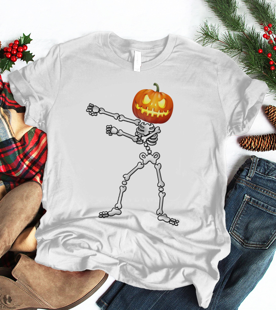Dabbing Skeleton Pumpkin Head Halloween Dance T-Shirt