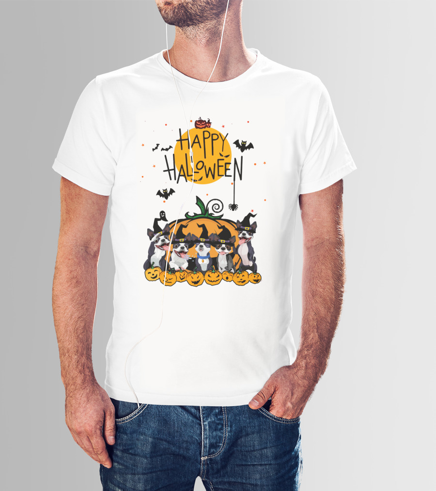 Happy Halloween Boston Terrier Pumpkin Bat T-Shirt
