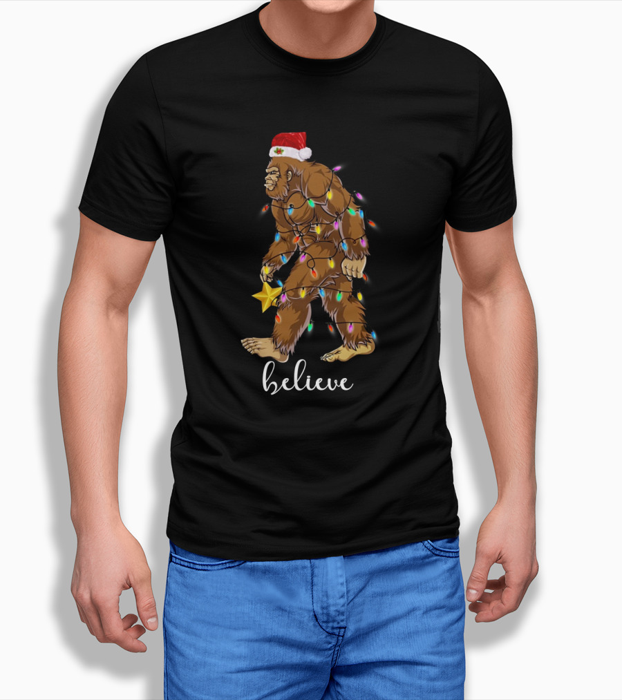 Bigfoot Christmas Lights Believe with Santa Hat and Star T-Shirt