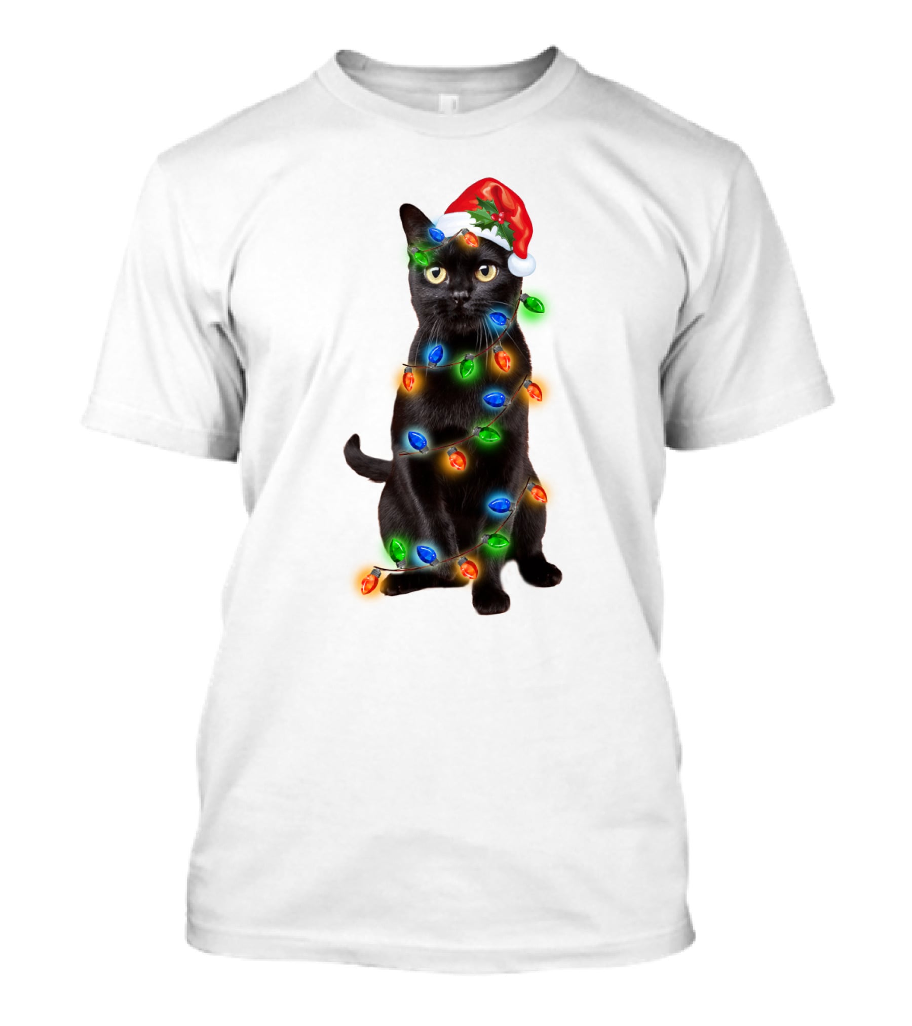 Santa Hat Black Cat Wrapped In Colorful Christmas Lights T-Shirt