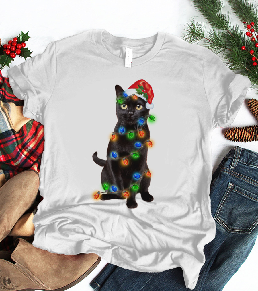 Santa Hat Black Cat Wrapped In Colorful Christmas Lights T-Shirt
