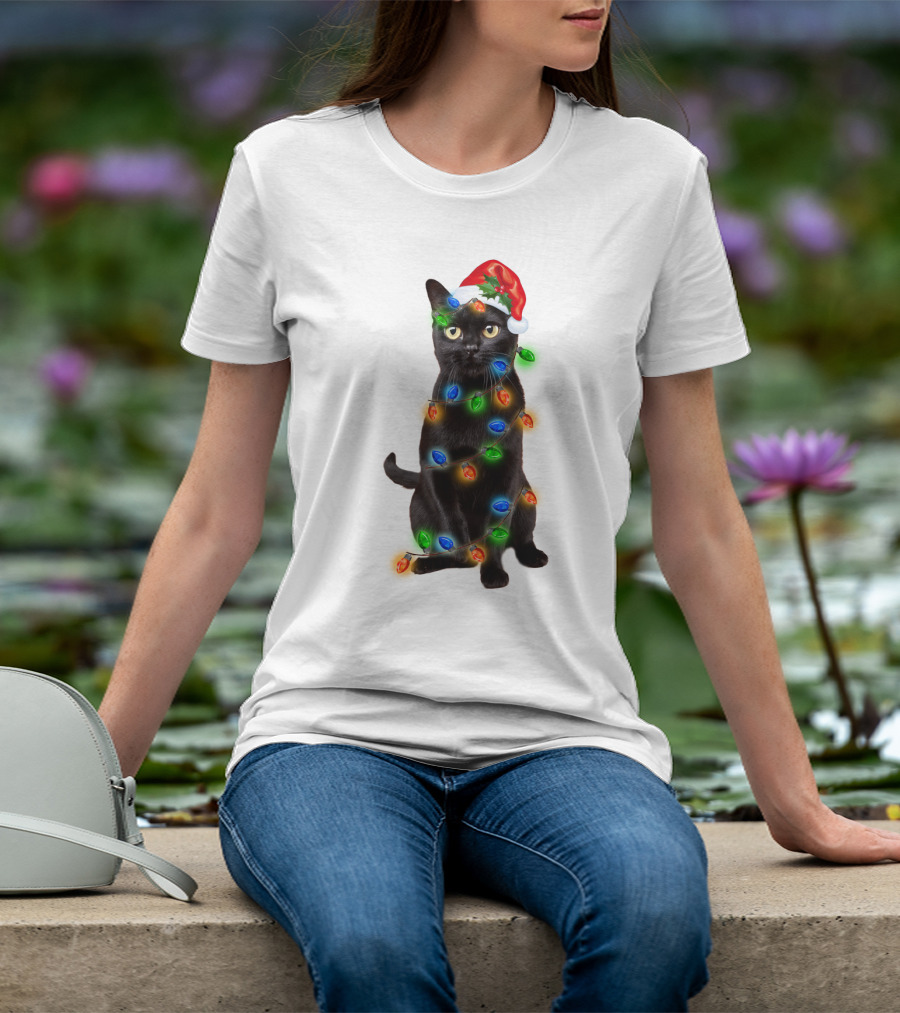 Santa Hat Black Cat Wrapped In Colorful Christmas Lights T-Shirt