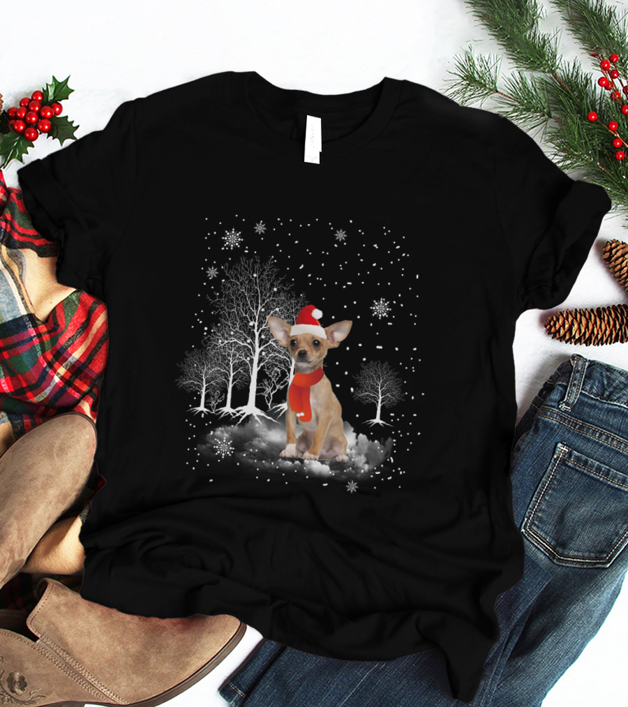 Chihuahua In Santa Hat With Snowflakes And Trees In Winter Wonderland T-Shirt