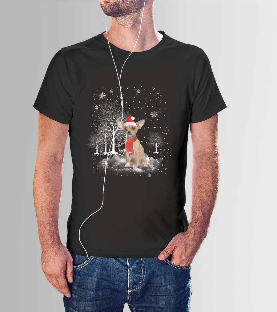 Chihuahua In Santa Hat With Snowflakes And Trees In Winter Wonderland T-Shirt