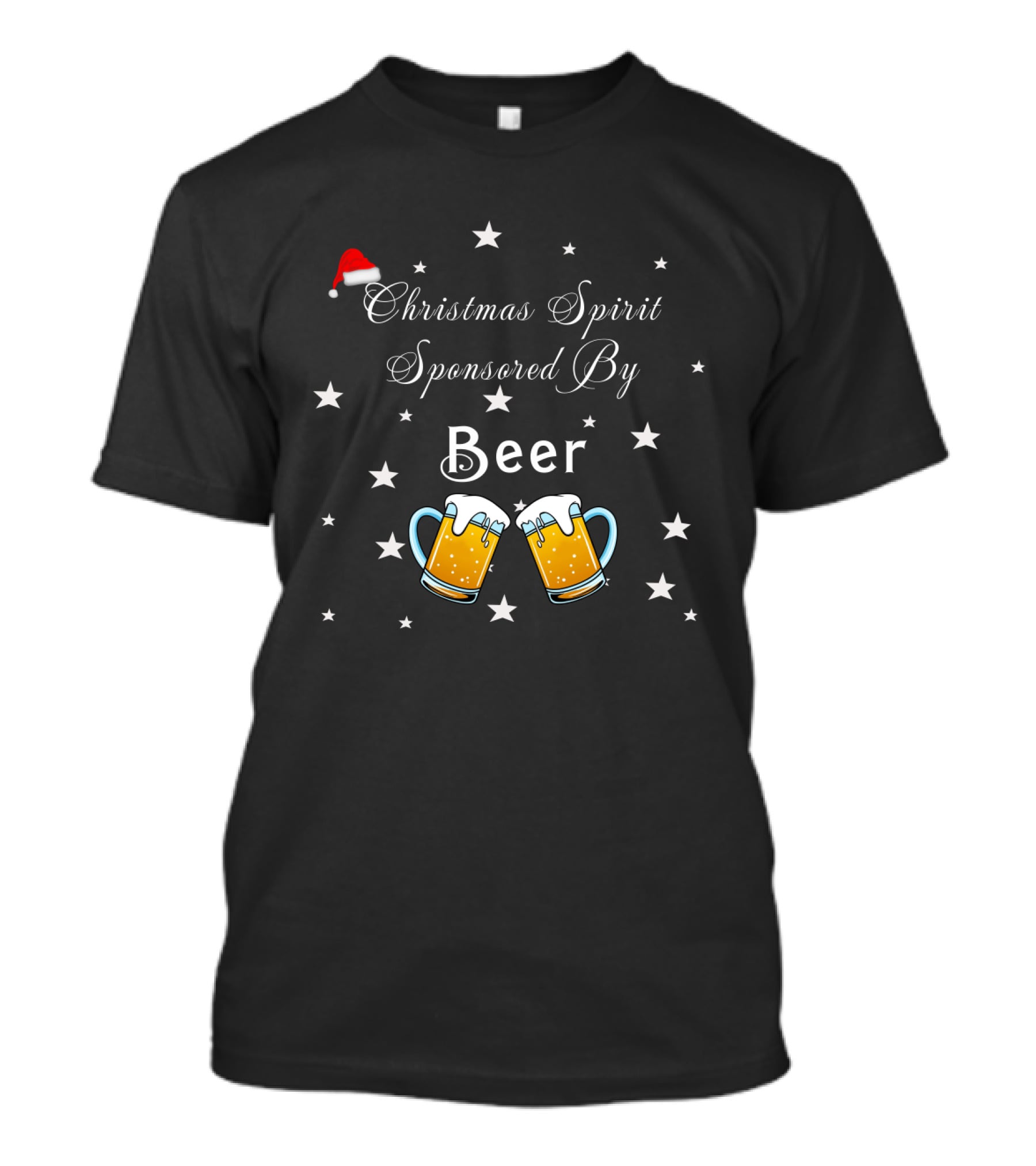 Christmas Spirit Sponsored By Beer With Santa Hat And Star Motif Featuring Beer Mugs T-Shirt