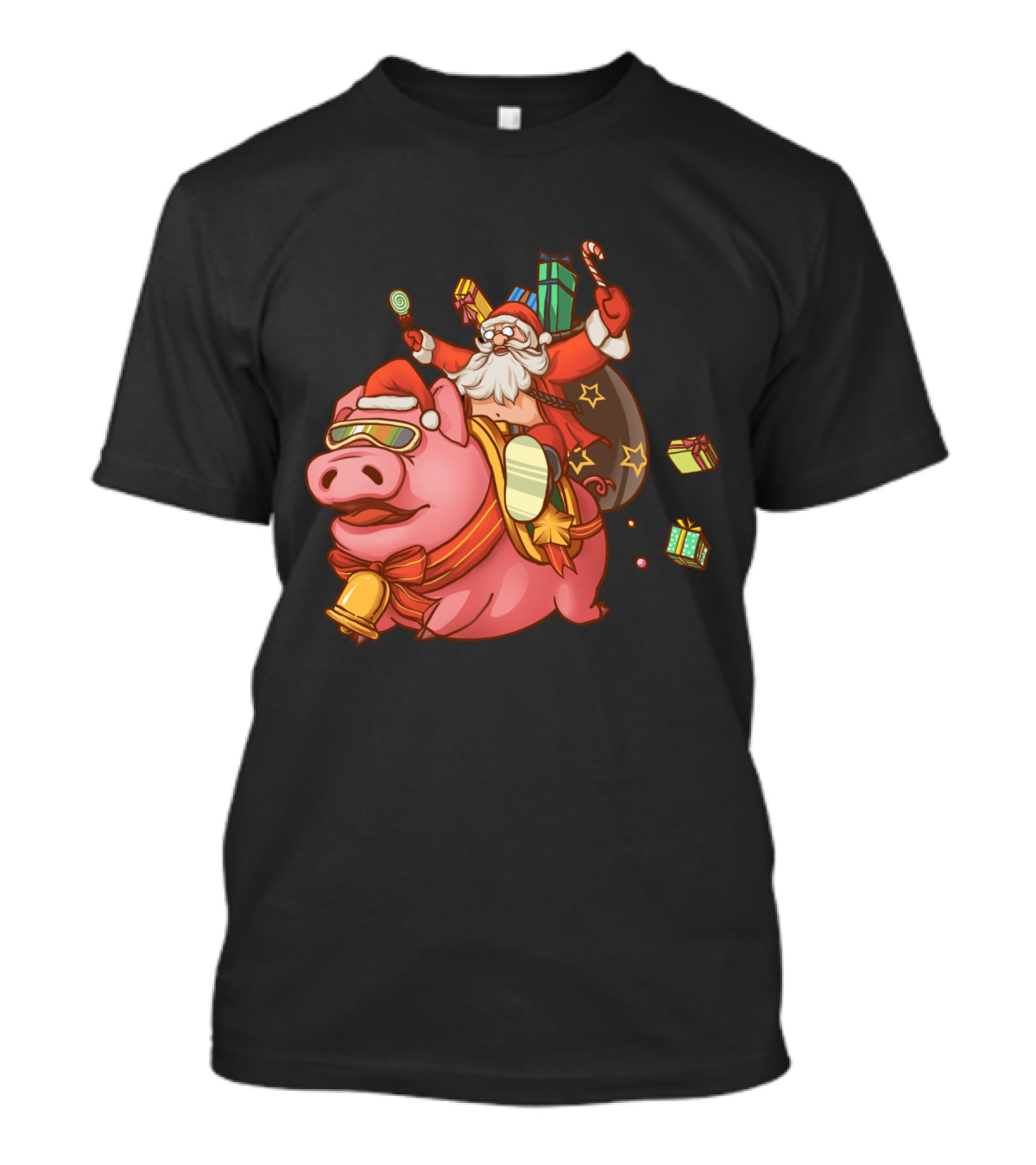 Santa Claus Riding Pig With Candy Canes And Christmas Gifts T-Shirt