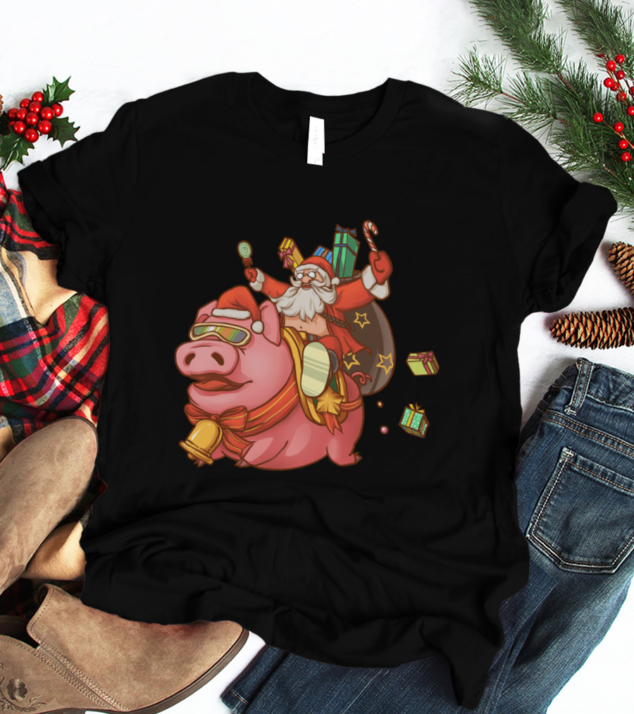 Santa Claus Riding Pig With Candy Canes And Christmas Gifts T-Shirt
