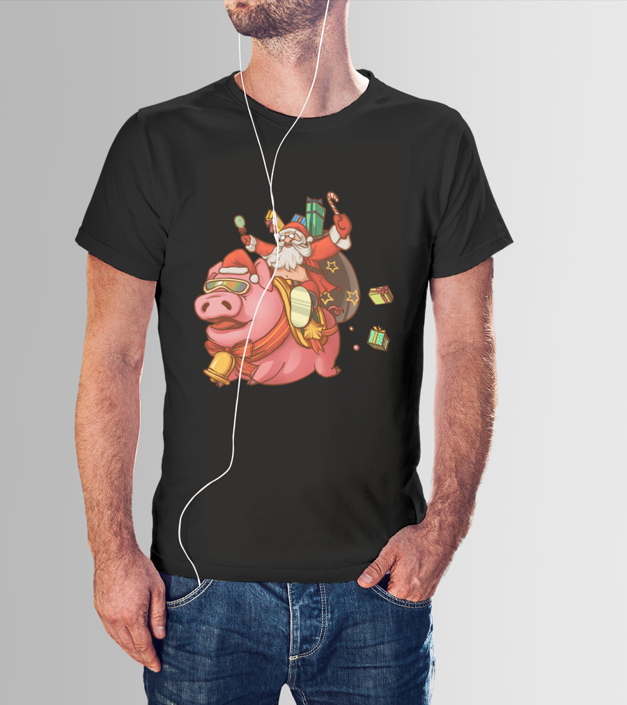 Santa Claus Riding Pig With Candy Canes And Christmas Gifts T-Shirt