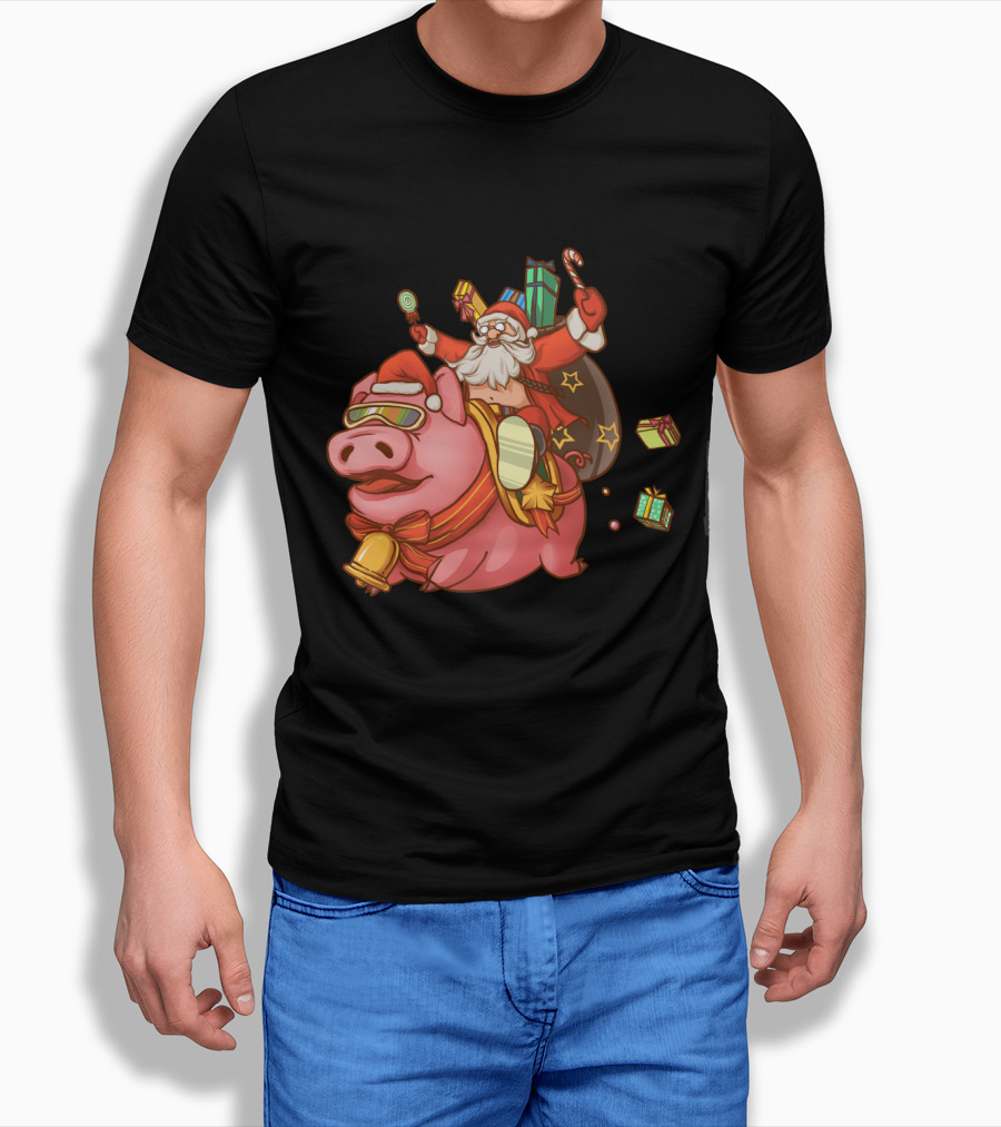 Santa Claus Riding Pig With Candy Canes And Christmas Gifts T-Shirt