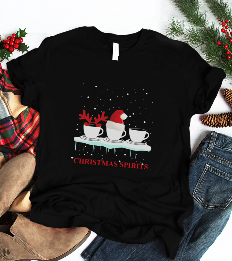 Christmas Spirits Coffee Cups Reindeer Antlers Santa Hat Snowflakes T-Shirt