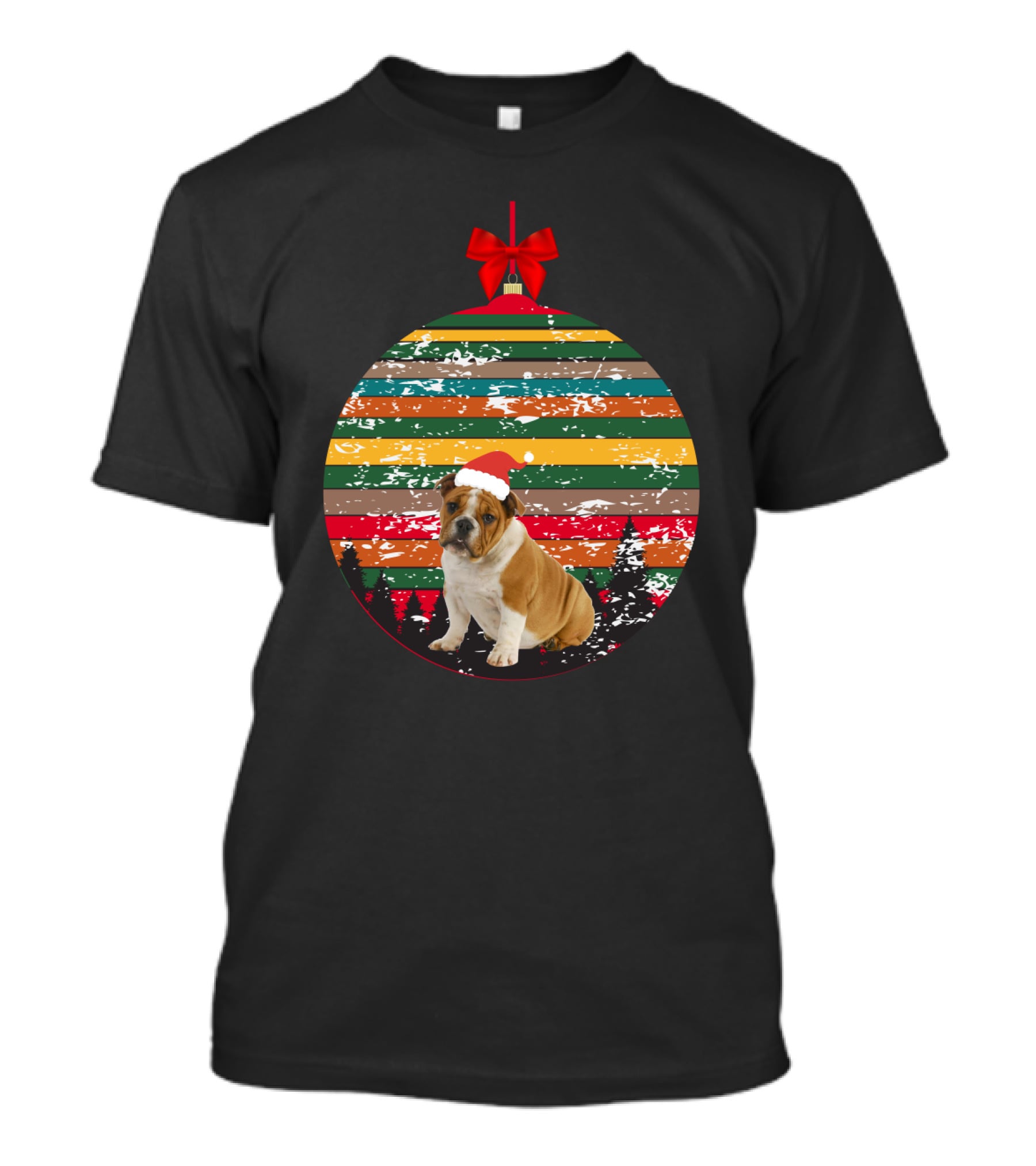 Vintage Christmas Bulldog Ornament Striped Santa Hat Forest Scene T-Shirt