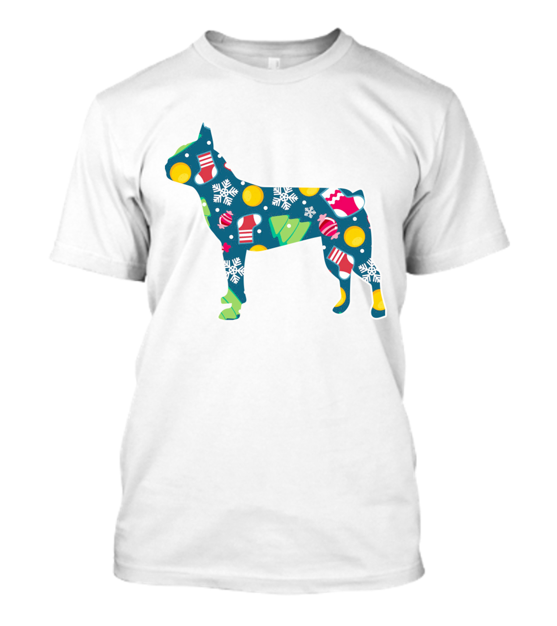 Festive Boston Terrier Dog Lover Christmas Pattern With Snowflakes And Ornaments T-Shirt