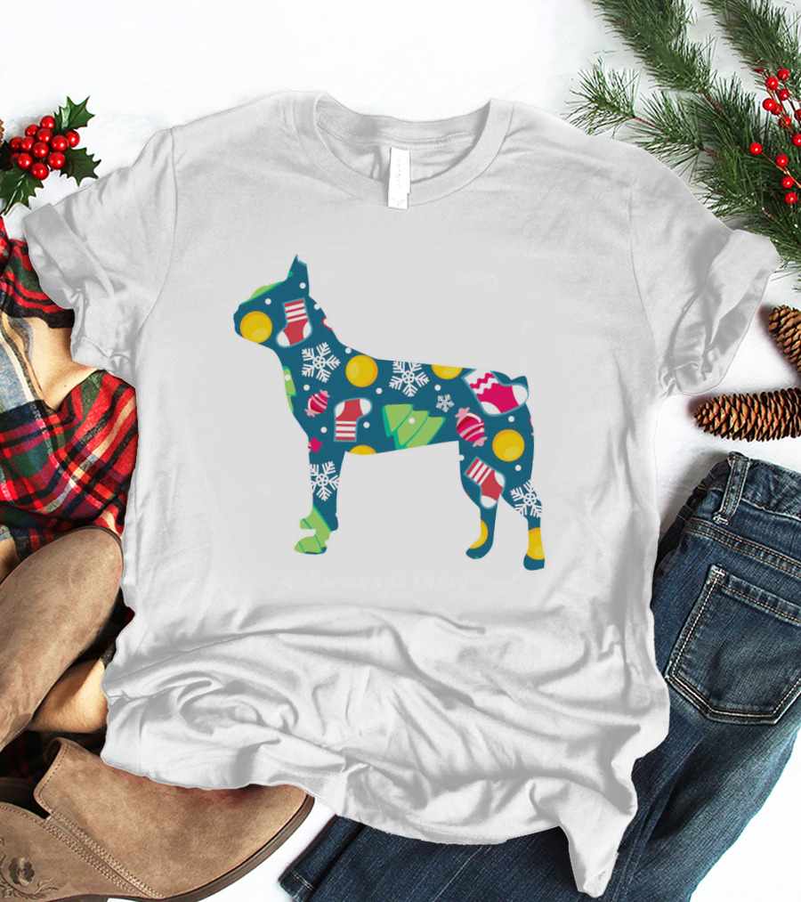 Festive Boston Terrier Dog Lover Christmas Pattern With Snowflakes And Ornaments T-Shirt