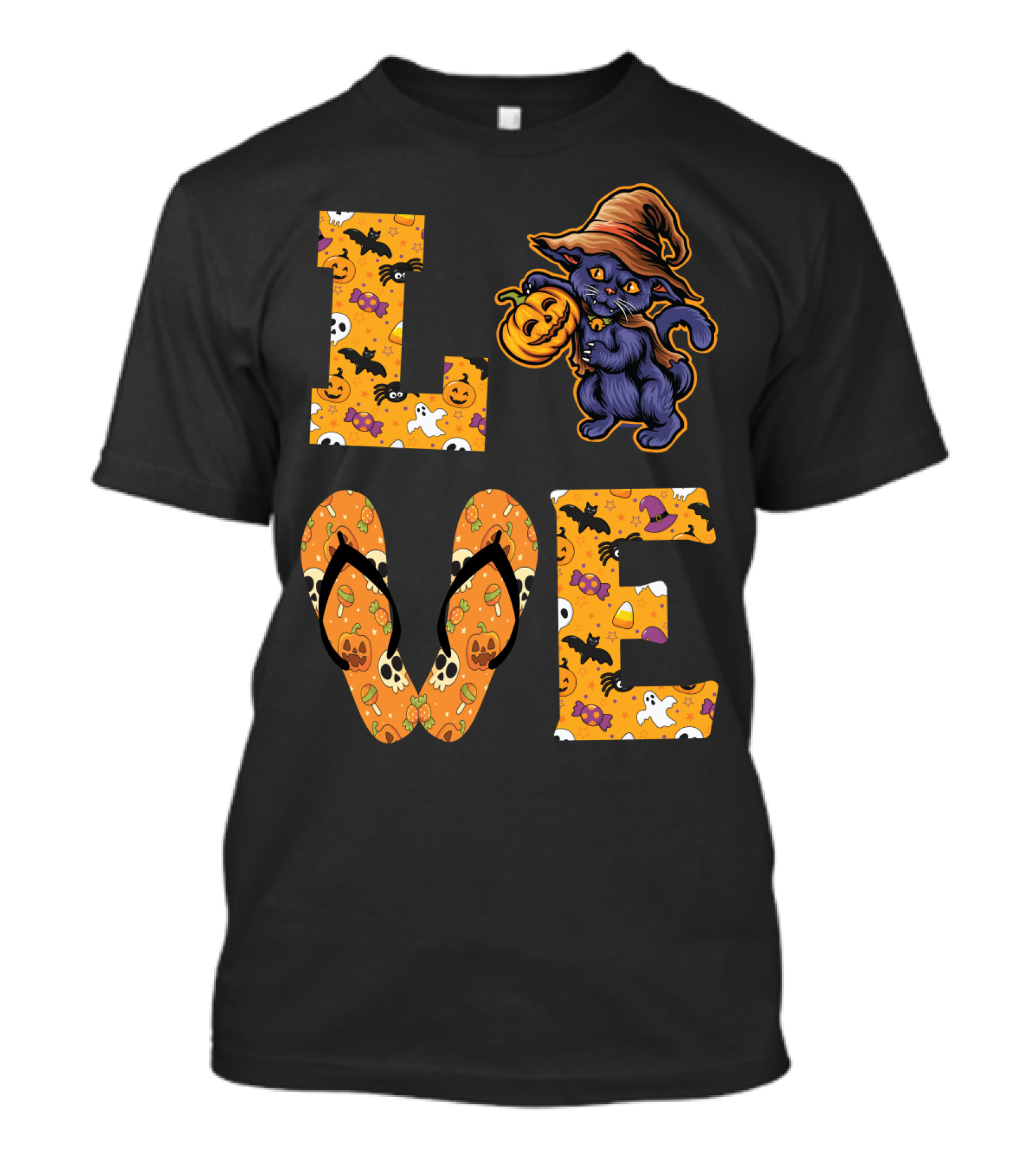 LOVE Halloween Black Cat Witch Hat Pumpkin Candy Ghost Bat Flip-Flops T-Shirt
