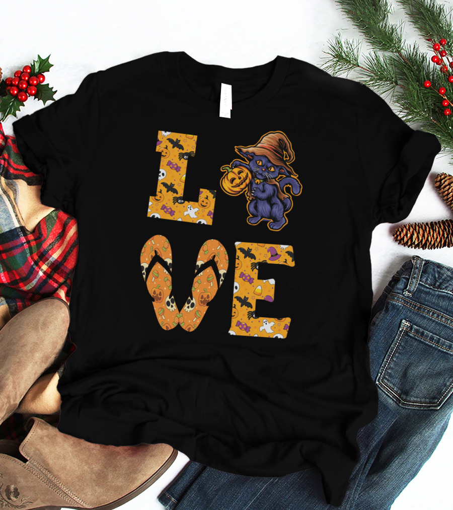 LOVE Halloween Black Cat Witch Hat Pumpkin Candy Ghost Bat Flip-Flops T-Shirt