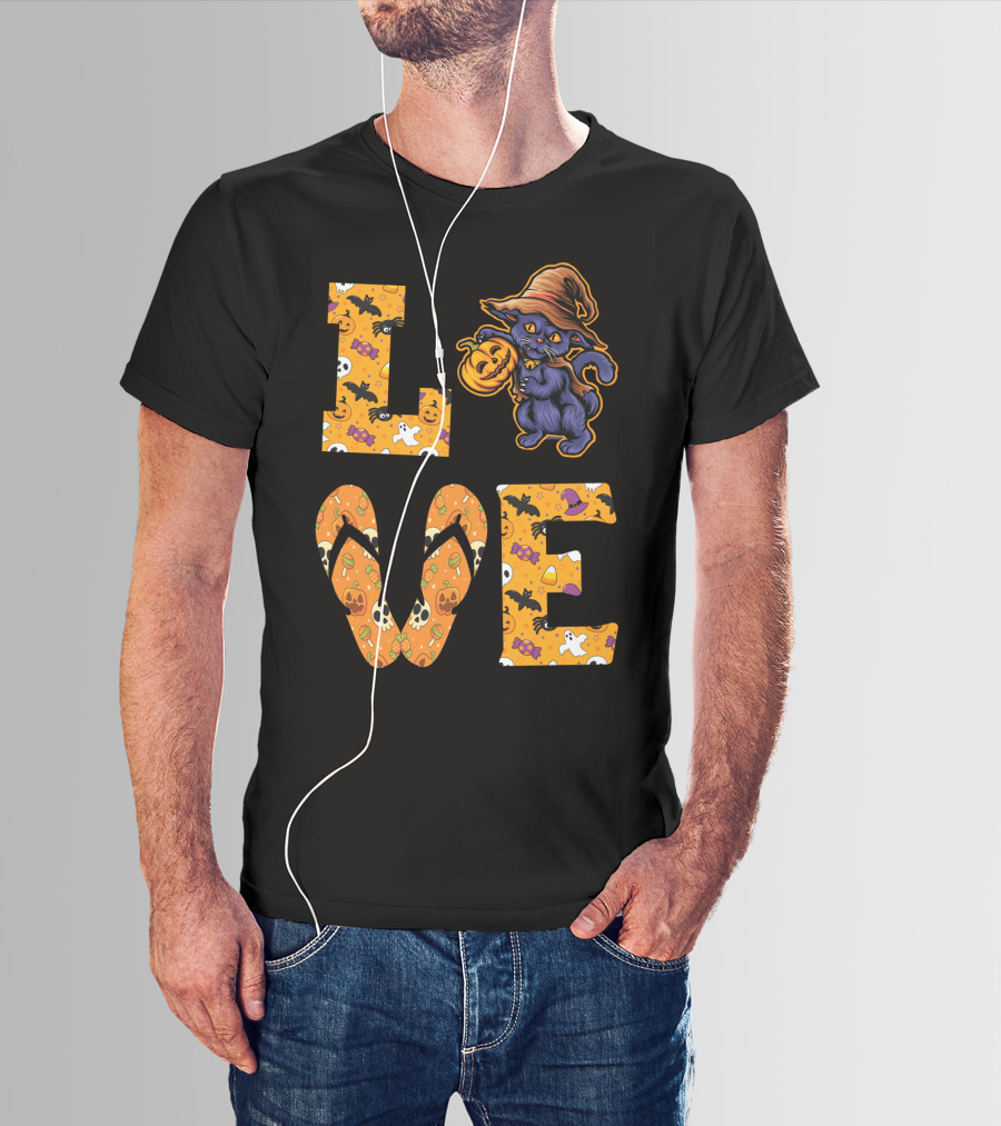 LOVE Halloween Black Cat Witch Hat Pumpkin Candy Ghost Bat Flip-Flops T-Shirt