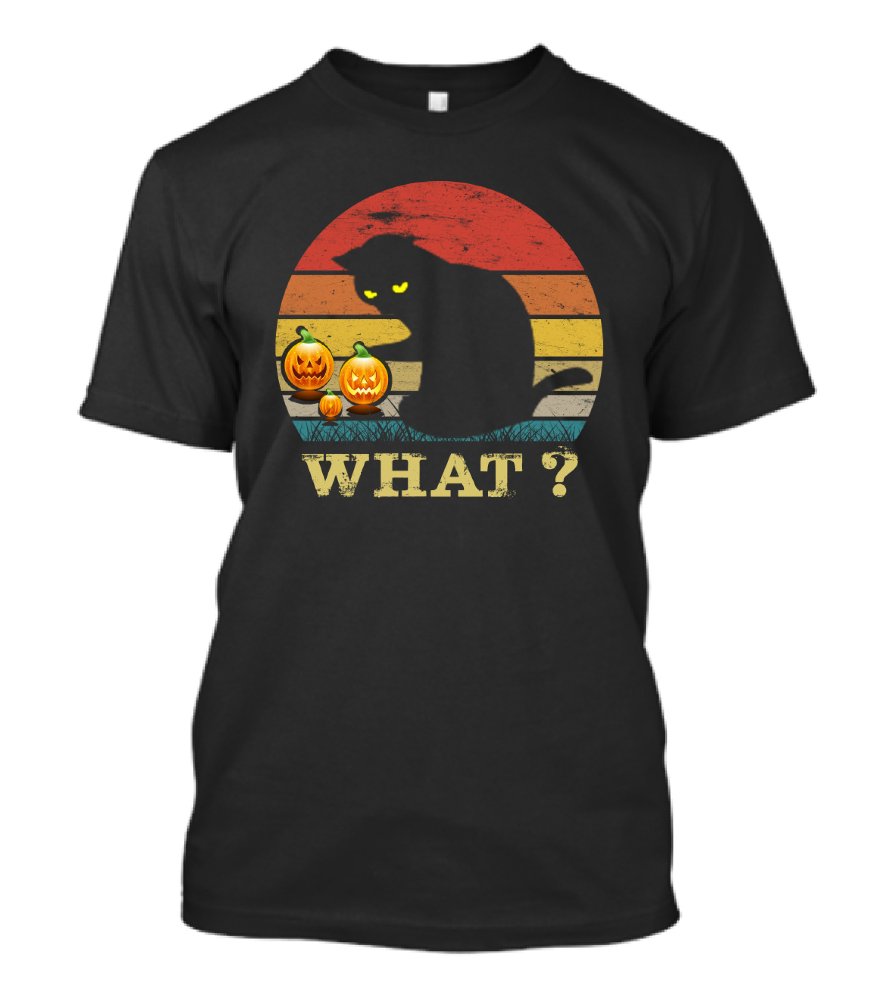 What? Funny Black Cat With Jack-o'-Lanterns Retro Halloween T-Shirt