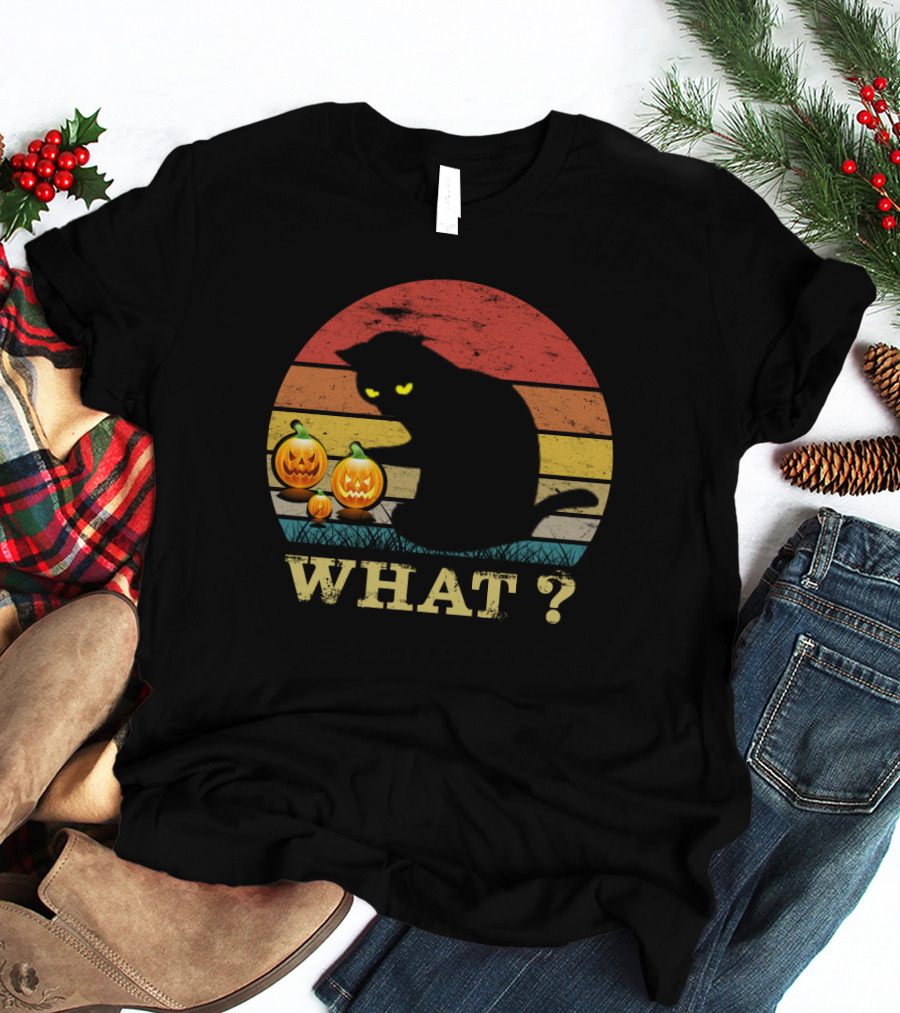 What? Funny Black Cat With Jack-o'-Lanterns Retro Halloween T-Shirt
