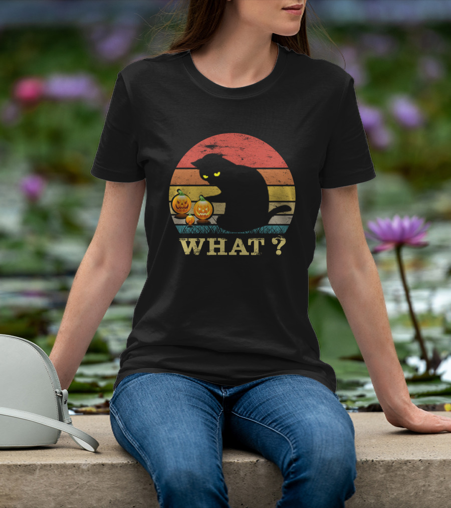 What? Funny Black Cat With Jack-o'-Lanterns Retro Halloween T-Shirt