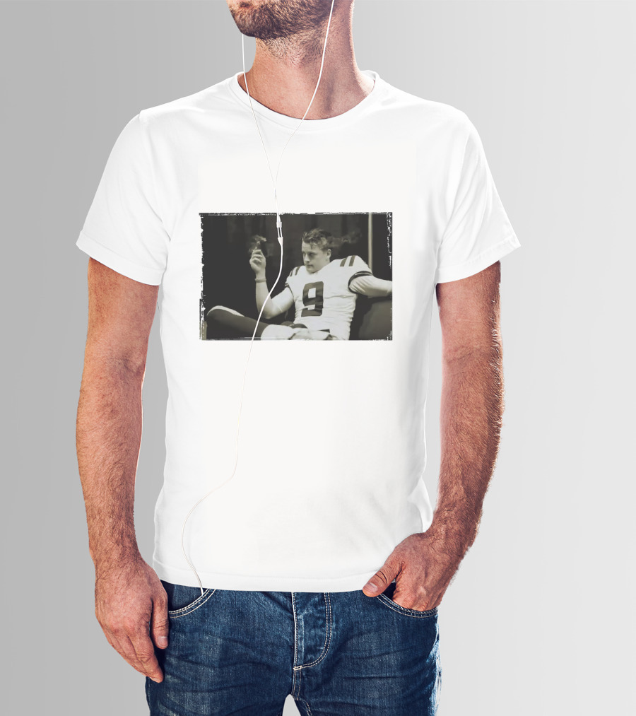 Smoking Joe Burrow Cigar Relaxing In Football Jersey Number 9 T-Shirt