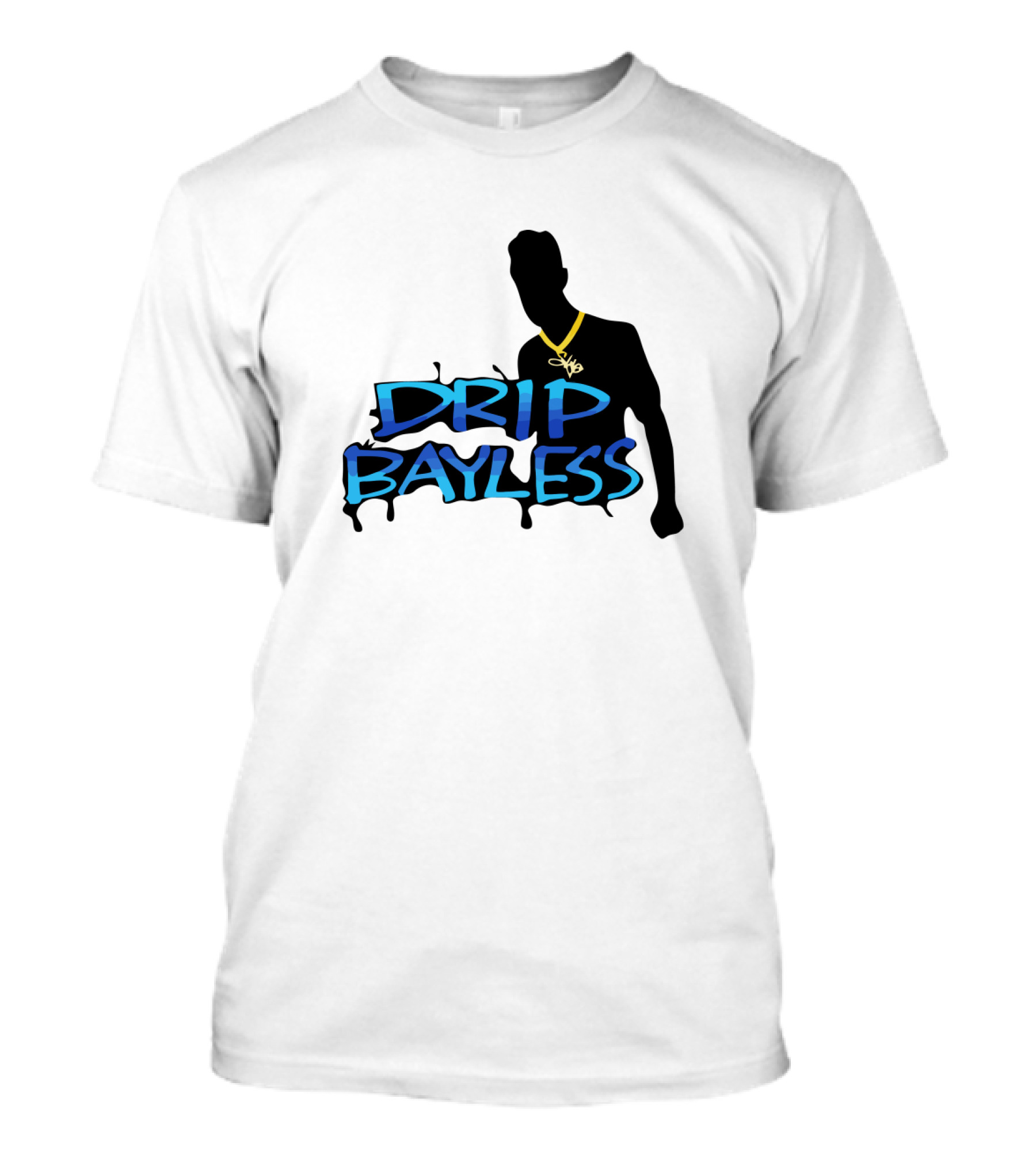 Drip Bayless Silhouette With Gold Chain And Blue Graffiti Text T-Shirt
